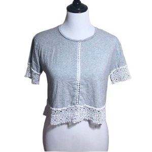 Forever 21 Crochet Trim Gray Cropped Flowy Tee size S
